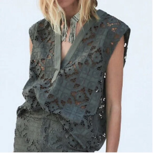 Zara oversized khaki openwork embroidered sleeveless top NWT - Picture 2 of 8